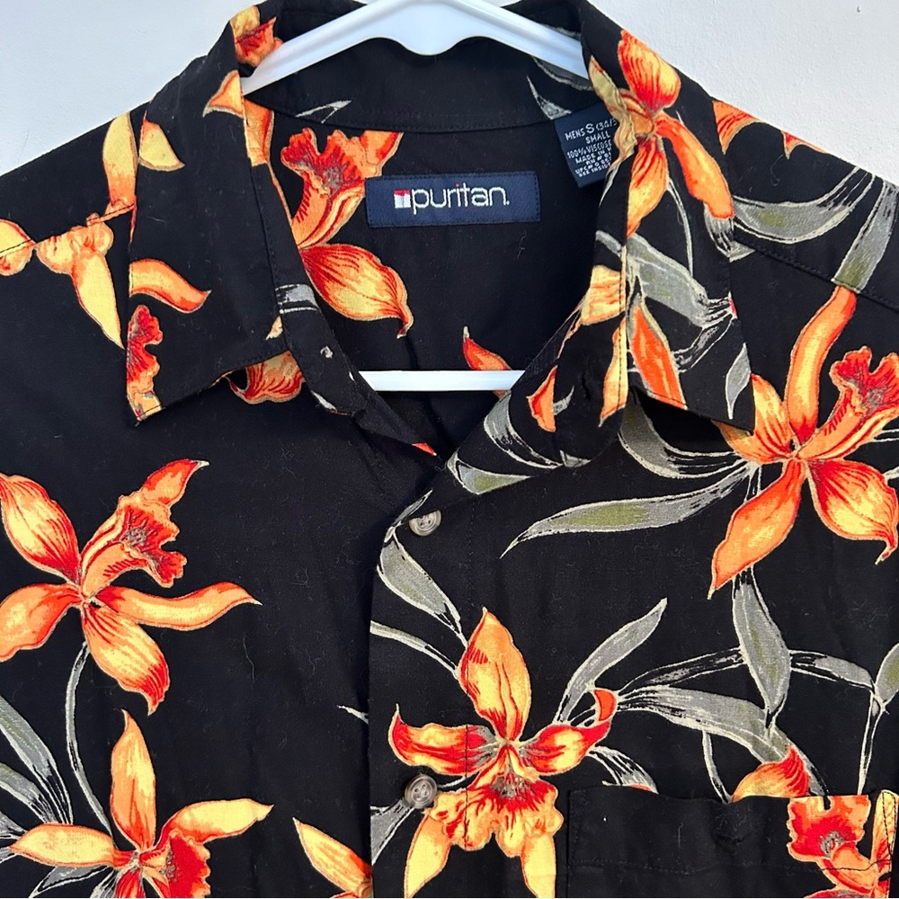Puritan Mens Black Hawaiian Short Sleeve Button Down Floral‎ Shirt Size Small
